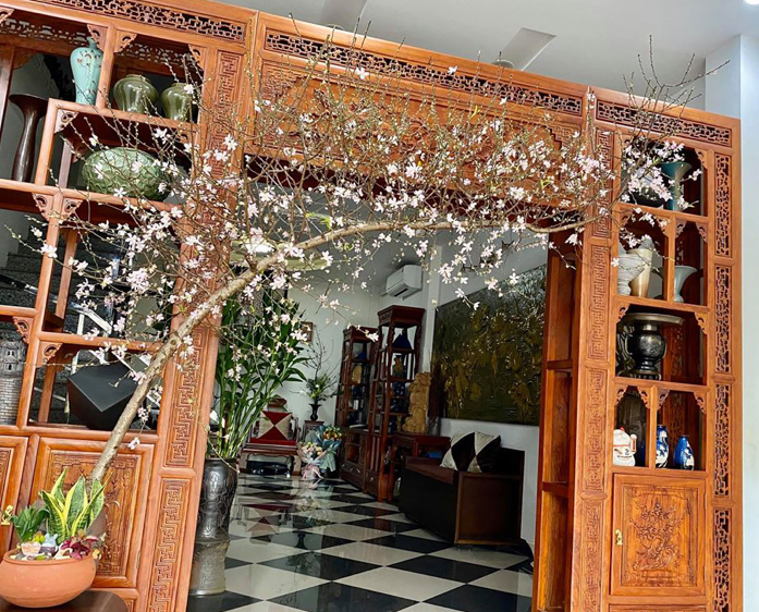 Cành đào dáng huyền được gia chủ khéo léo đặt tại ví trí lối đi tạo điểm nhấn cho không gian phòng khách. (Ảnh minh hoạ).