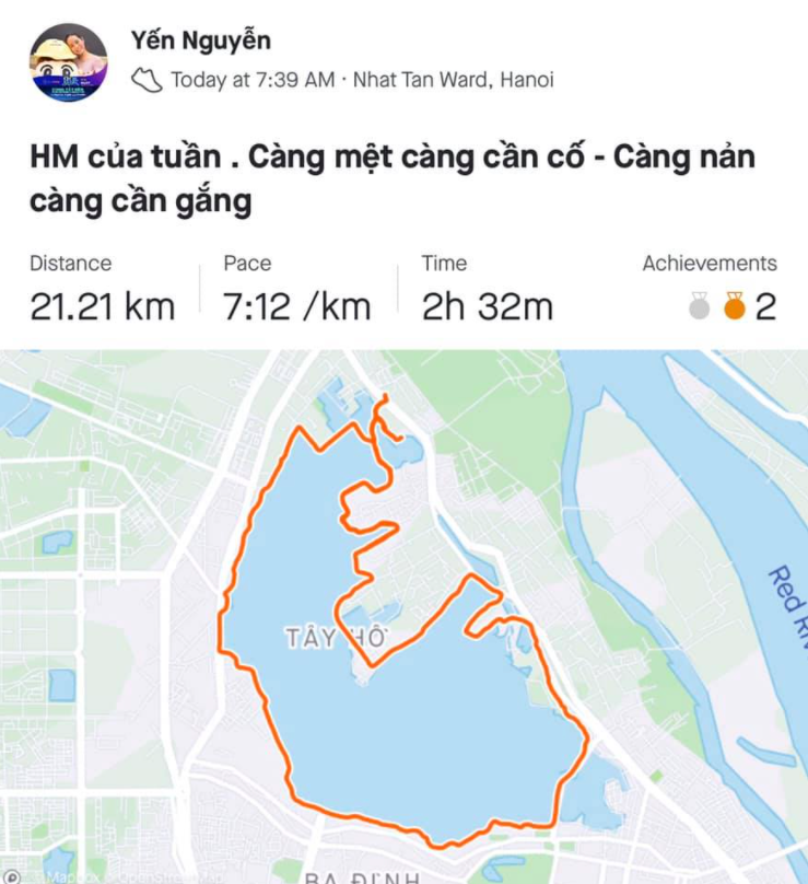 Một buổi chạy của chị Hải Yến có quãng đường hơn 20km. Ảnh: NVCC.