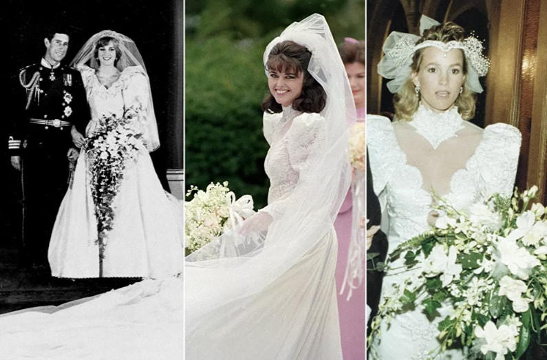 Từ trái qua: Công nương xứ Wales Diana trong đám cưới với Hoàng tử xứ Wales Charles, ngày 29/7/1981; Nhà báo người Mỹ Maria Shriver trước đám cưới của cô với nam diễn viên, Thống đốc tương lai của California, Arnold Schwarzenegger, vào ngày 26/4/1986; nữ diễn viên Janet Jones Gretzky trước đám cưới của cô với vận động viên khúc côn cầu người Canada Wayne Gretzky, ngày 16/7/1988.