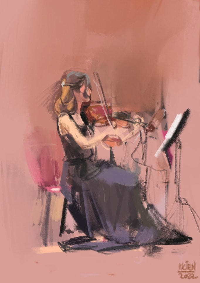 Nghệ sĩ violon Vũ Khánh Linh - ký hoạ của Hải Kiên