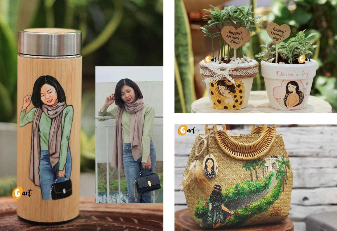 Hình ảnh có thể được khắc hoạ lên chậu cây, bình nước, túi xách. Nguồn: Sỏi nghệ thuật - G.Art.   