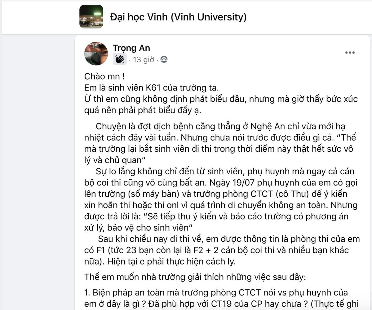 Một Facebook tên Trọng An chia sẻ nội dung phản ánh việc trường ĐH Vinh tổ chức thi hết môn giữa mùa dịch.