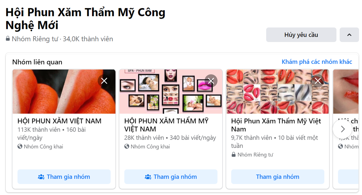 Các hội nhóm thẩm mỹ, làm đẹp xuất hiện nhan nhản trên Facebook. Ảnh chụp màn hình.
