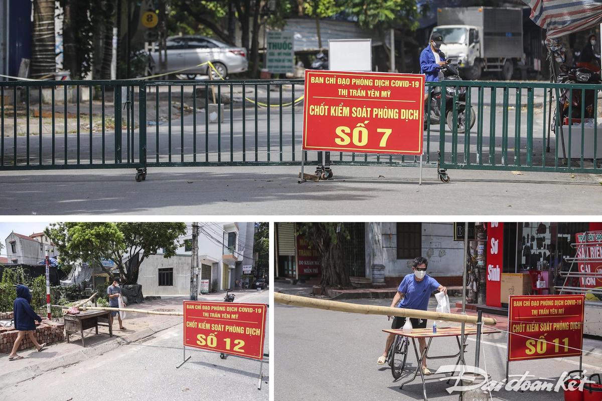 Một số chốt kiểm soát tại thị trấn Yên Mỹ, huyện Yên Mỹ, Hưng Yên. Ảnh: Quang Vinh. 