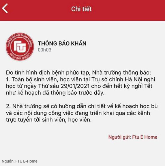 Thông báo của Trường Đại học Ngoại thương Hà Nội. (Nguồn: ĐH Ngoại thương Hà Nội).