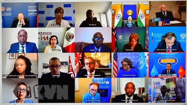 Phiên thảo luận mở trực tuyến cấp cao của Hội đồng Bảo an Liên hợp quốc về chủ đề “Trẻ em và xung đột vũ trang.” (Ảnh: TTXVN phát).