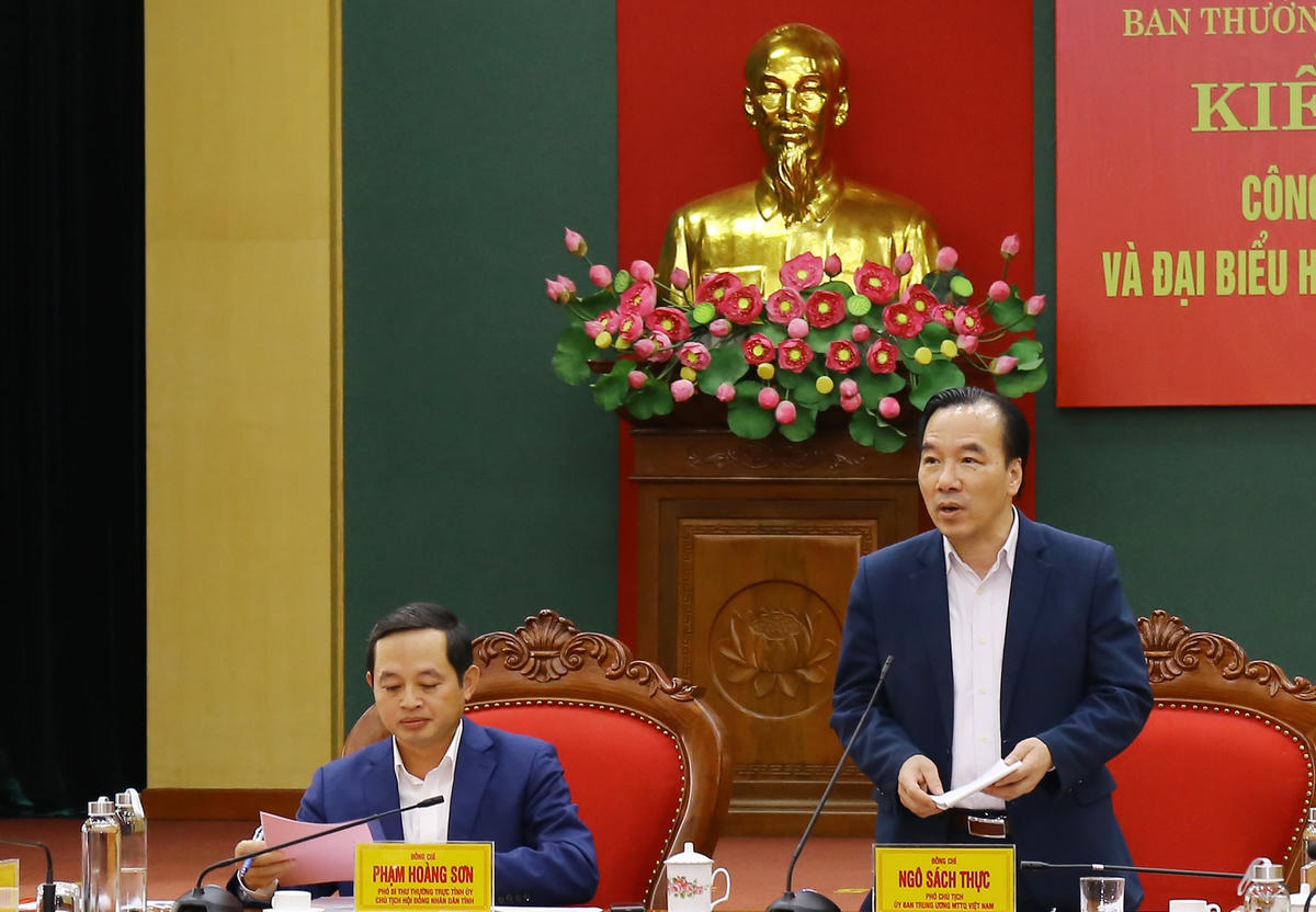 Phó Chủ tịch Ủy ban Trung ương MTTQ Việt Nam Ngô Sách Thực phát biểu tại buổi kiểm tra. 