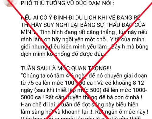 Thông tin giả mạo phát ngôn .của Phó Thủ tướng Vũ Đức Đam về dịch Covid-19.
