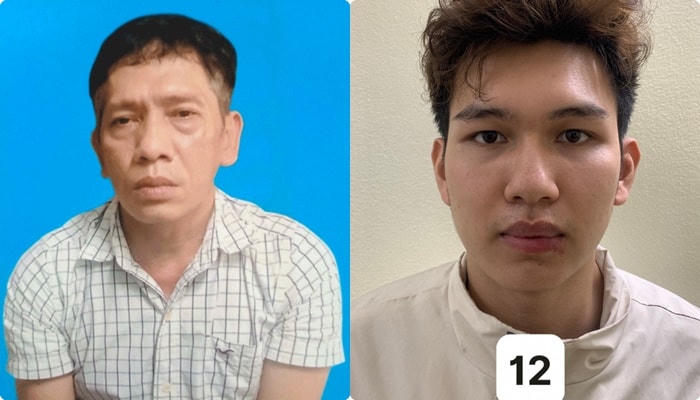 Đối tượng Lưu Hoàng Hải (bên trái) và  Phùng Đức Thuấn tại cơ quan công an.