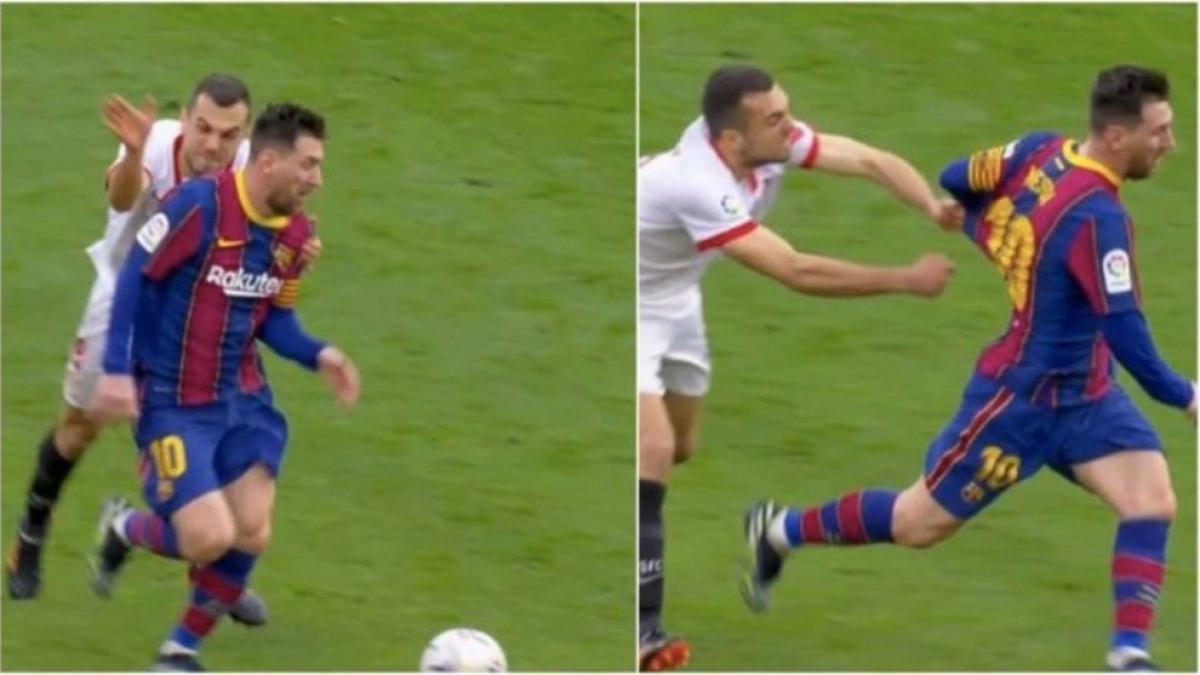 Joan Jordán túm áo Messi không thành công.  