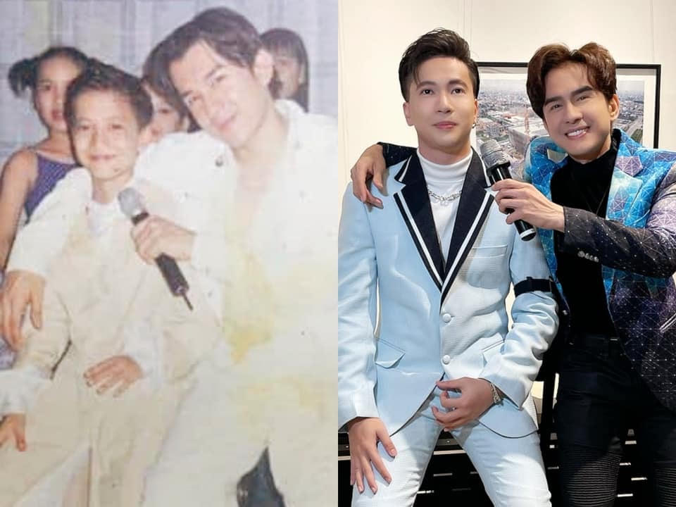 S.T Sơn Thạch thích thú với sự giống nhau của 2 tấm hình sau 21 năm: "21 năm vẫn một sự ngại ngùng và bẽn lẽn khi được ở bên cạnh người anh thần tượng đời đầu".  
