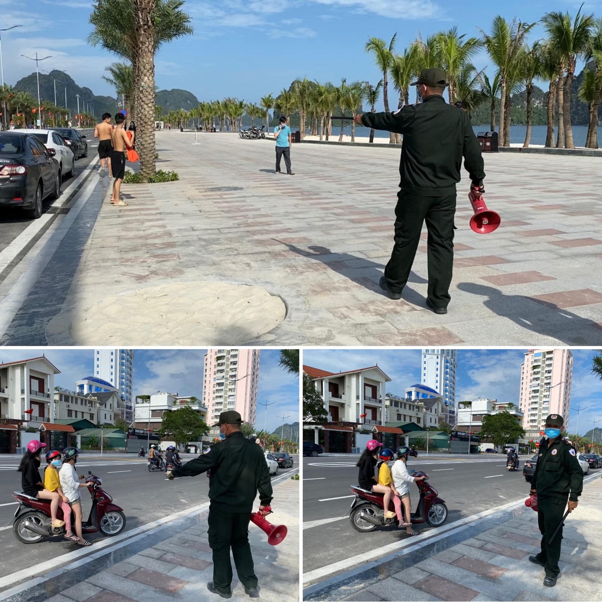 Các lực lượng chức năng ra quân yêu cầu người dân và du khách không tụ tập tại Bãi tắm Hòn Gai (TP Hạ Long)