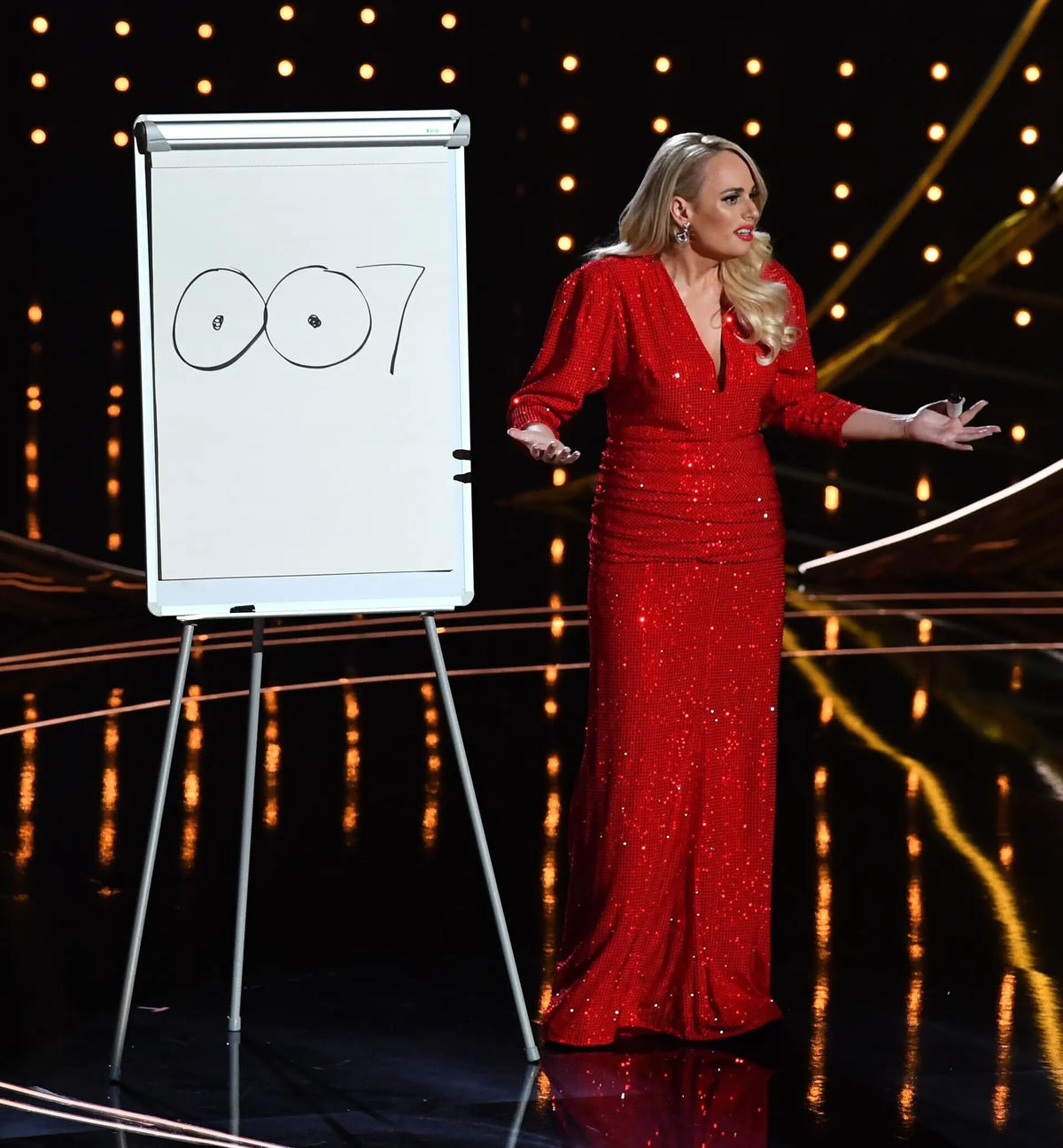 MC của lễ trao giải - "nàng mập" Rebel Wilson gây tiếng cười khi dí dỏm làm trò bên cạnh logo 007 - Biểu tượng dòng phim điệp viên cùng tên. Ảnh: James Veysey / Shutterstock.