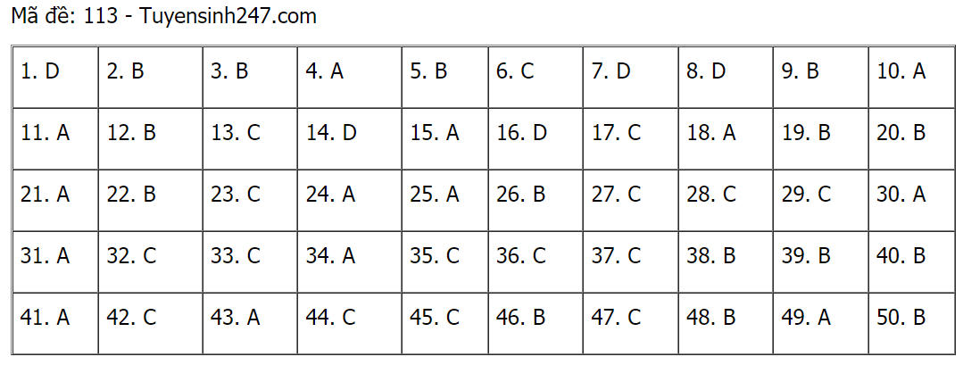 Đáp án (tham khảo) môn Toán thi tốt nghiệp THPT 2021 mã đề 113.