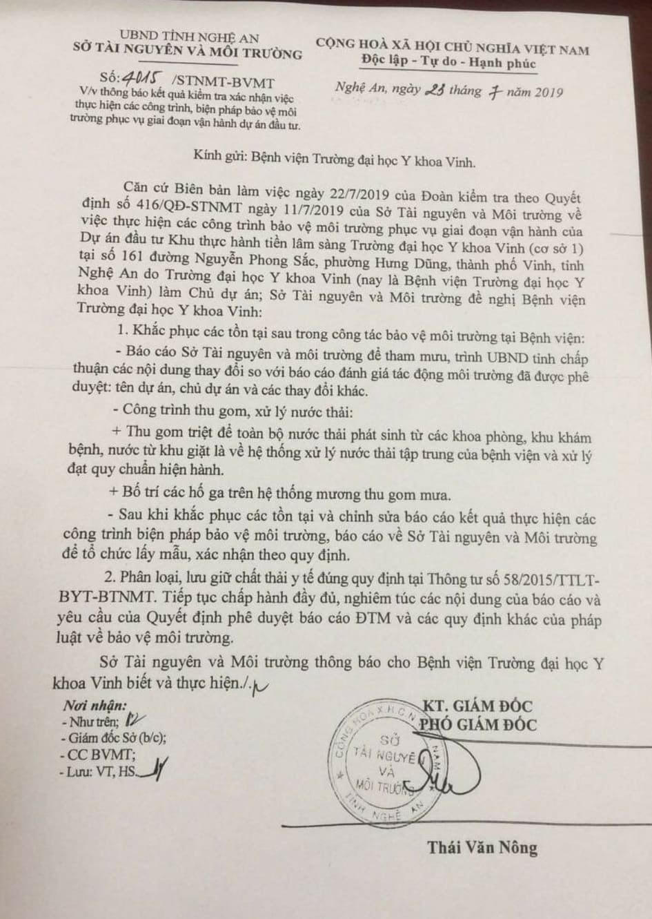 Văn bản 4015 của Sở TNMT về việc yêu cầu BV Đại học Y khoa Vinh khắc phục những tồn tại về môi trường.