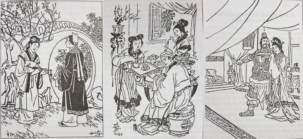Từ trái sang: Thúy Kiều và Kim Trọng, Thúy Kiều và Thúc Sinh, Thúy Kiều và Từ Hải (Ảnh: Tranh Tạ Thúc Bình, ‘Kim Vân Kiều translation by Lê Xuân Thủy,’ và 'Truyện Kiều,’ NXB Phổ thông).