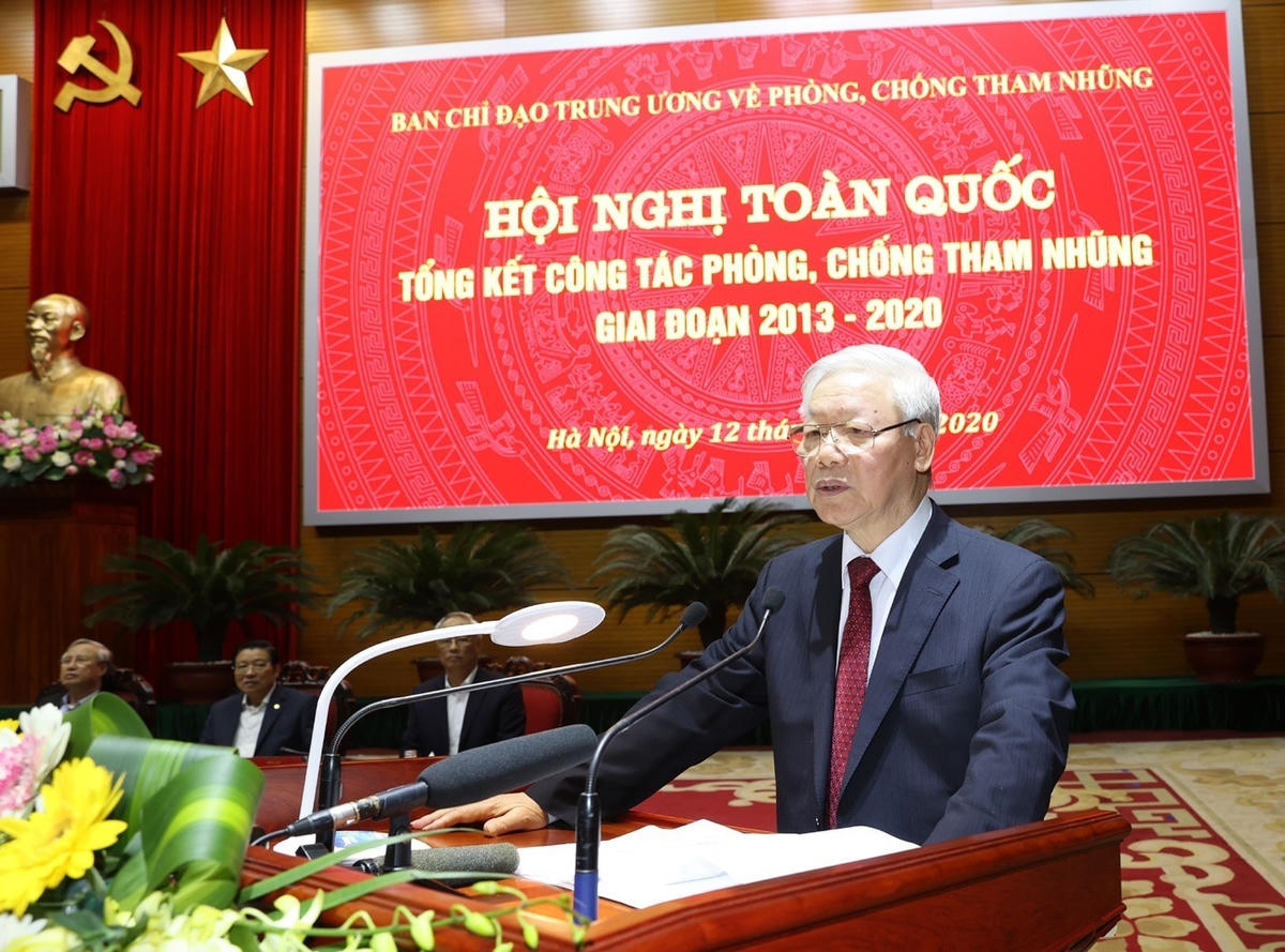 Tổng Bí thư, Chủ tịch nước Nguyễn Phú Trọng, Trưởng Ban Chỉ đạo Trung ương về phòng, chống tham nhũng phát biểu kết luận Hội nghị. Ảnh: TTXVN.