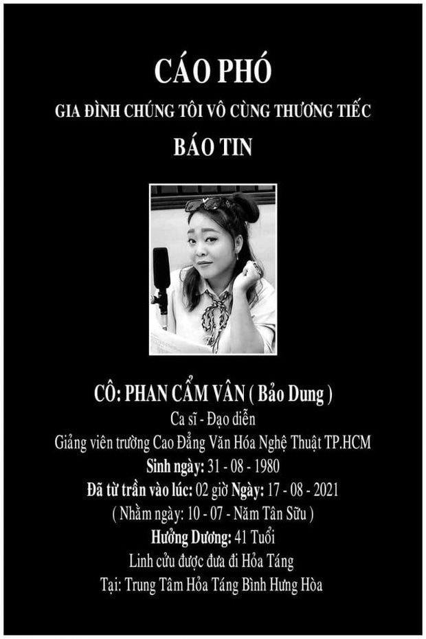 Cáo phó của cố ca sĩ Phan Cẩm Vân được một người bạn thân thiết chia sẻ.