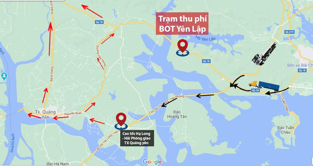 Hướng đi tránh trạm BOT Đại Yên (Ảnh: Google Maps).