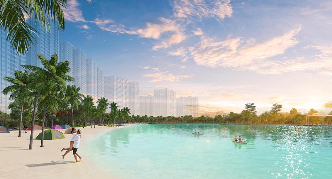 Hồ điều hòa rộng 4,8ha với bãi cát nhân tạo và làn nước trong xanh.