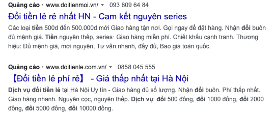 Dịch vụ đổi tiền "chạy quảng cáo" trên Google. (Nguồn: Sưu tầm) 
