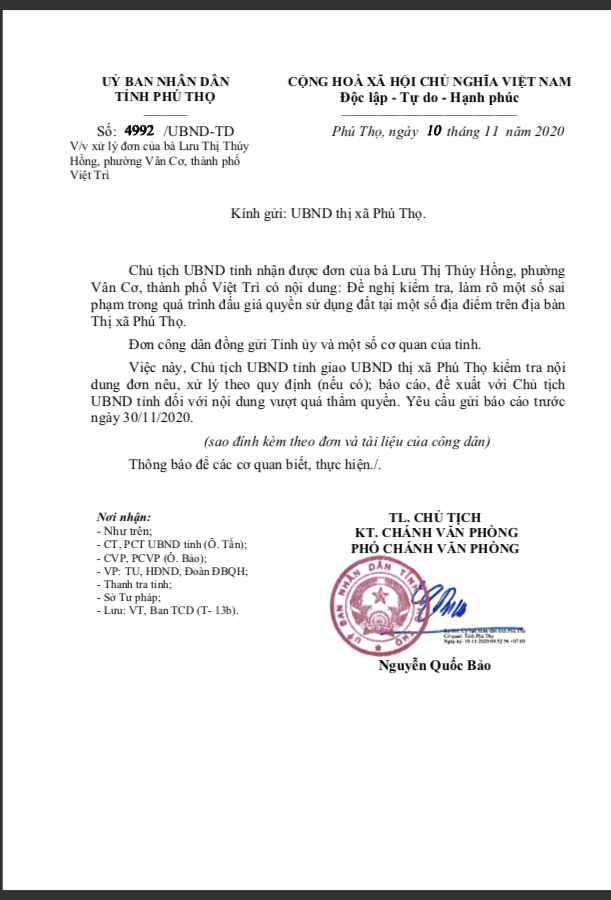Chủ tịch UBND tỉnh Phú Thọ chỉ đạo làm rõ đơn tố cáo của người dân khi đấu giá đất ở thị xã Phú Thọ.