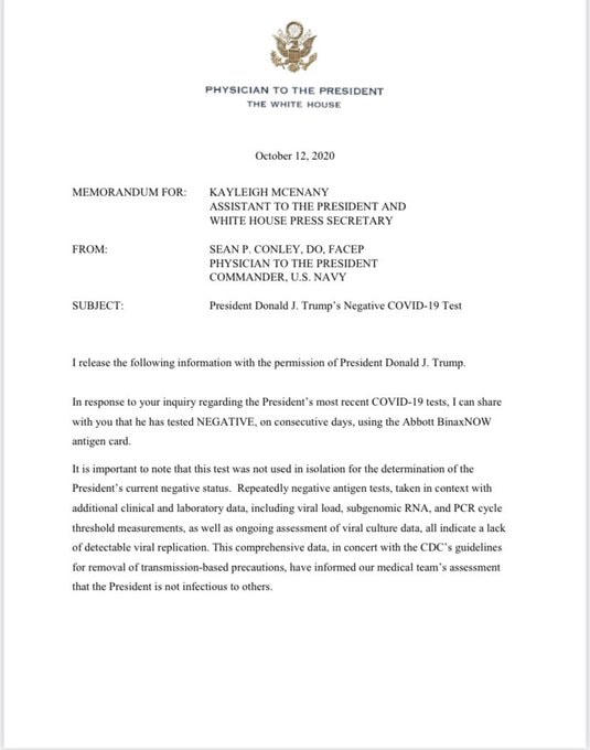 Bản kết quả xét nghiệm của Tổng thống Trump được Bác sĩ Nhà Trắng Conley công bố.