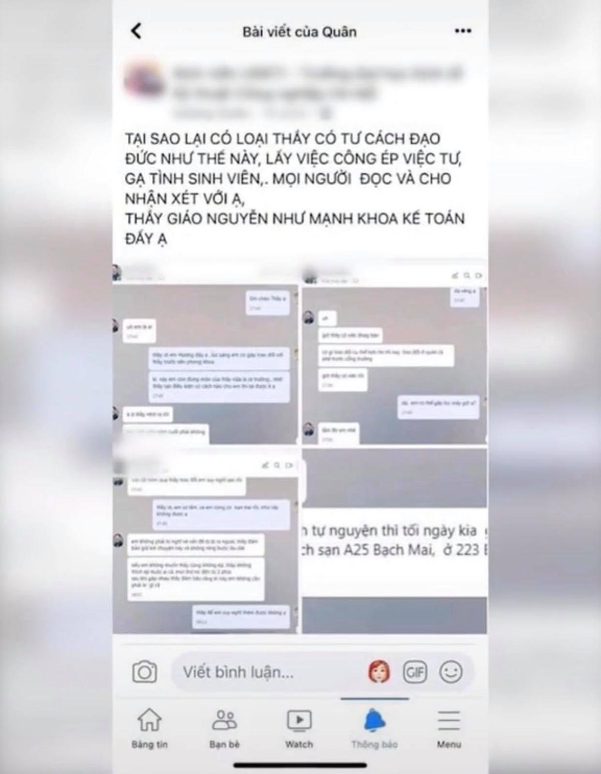 Hình ảnh bài đăng trên MXH tố hành vi không chuẩn mực của giảng viên.