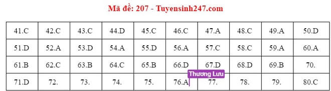 Đáp án tham khảo đề thi môn Hóa học THPT Quốc gia mã đề 207.