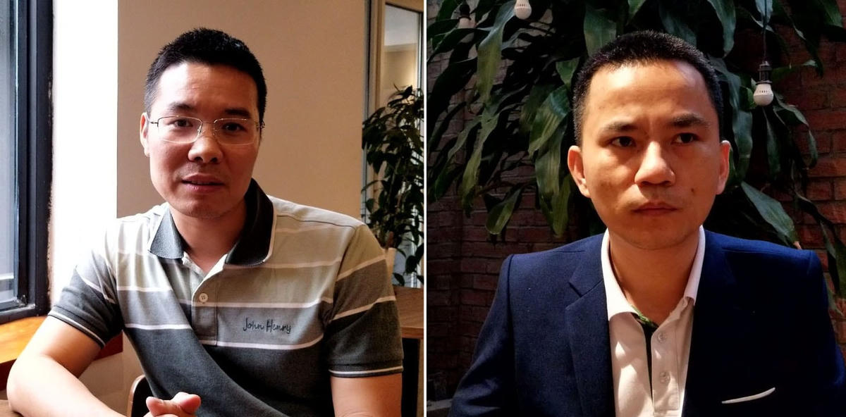 Anh Nguyễn Tiến Lực (trái) và anh Nguyễn Văn Nghiêm trao đổi với phóng viên Đại Đoàn Kết về lý do rời bỏ CLB Tình Người. (Ảnh do bạn đọc cung cấp).