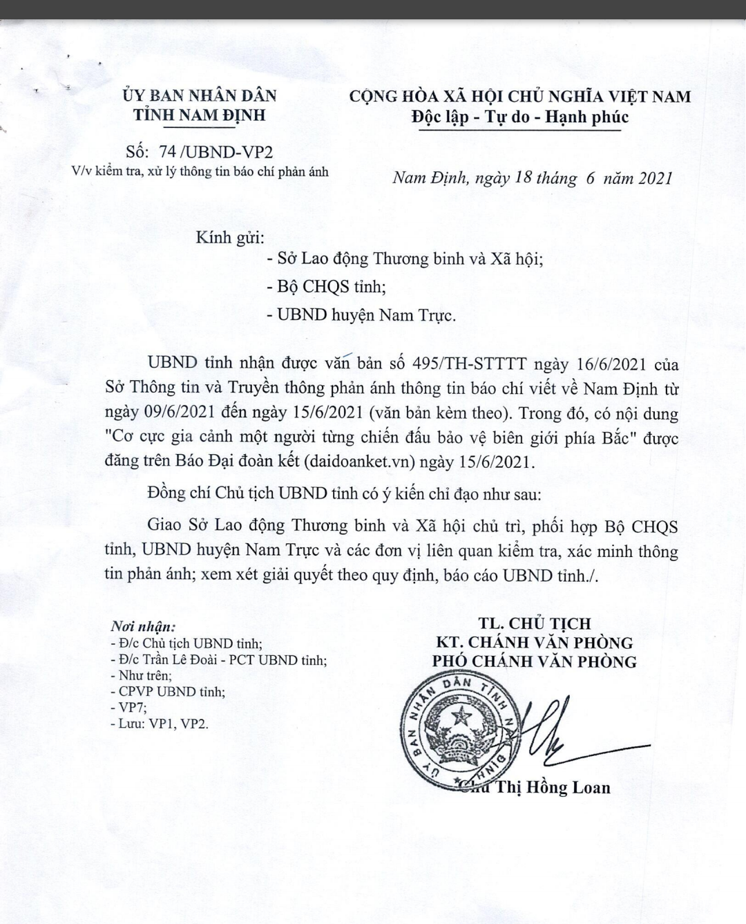 Văn bản truyền đạt ý kiến chỉ đạo của Chủ tịch UBND tỉnh Nam Định.