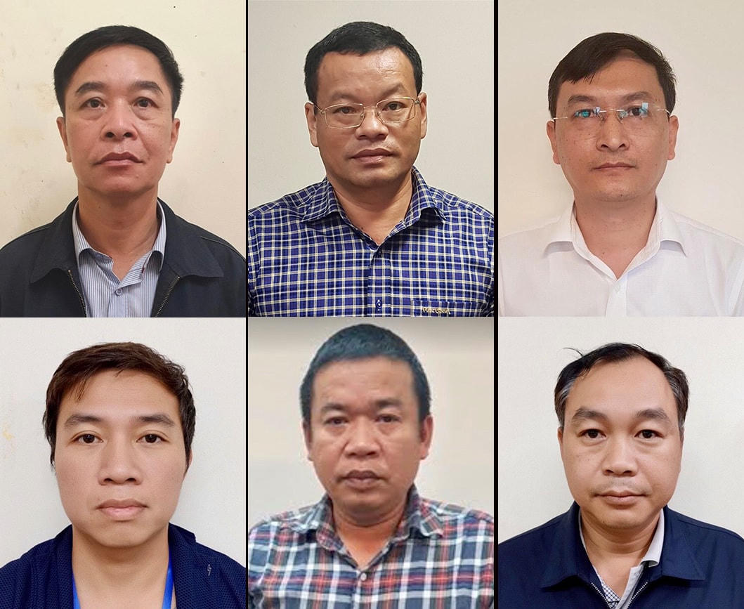 Các bị can (từ trái qua phải, từ trên xuống dưới): Trần Văn Tám, Nguyễn Mạnh Hùng, Lê Quang Hào, Nguyễn Tiến Thành, Đỗ Ngọc Ân và Hà Văn Bình.