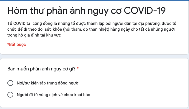 Hòm thư phản ánh nguy cơ Covid-19. Địa chỉ: https://antoancovid.vn/phananhHN