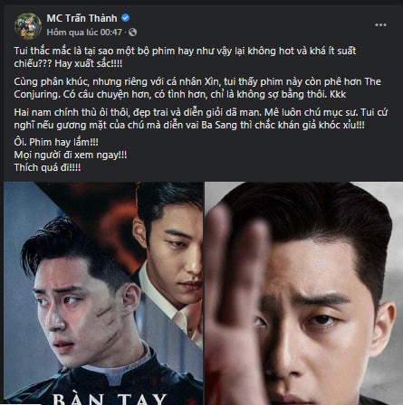Bài đăng trên Facebook cá nhân của Trấn Thành về bộ phim Bàn tay diệt quỷ.