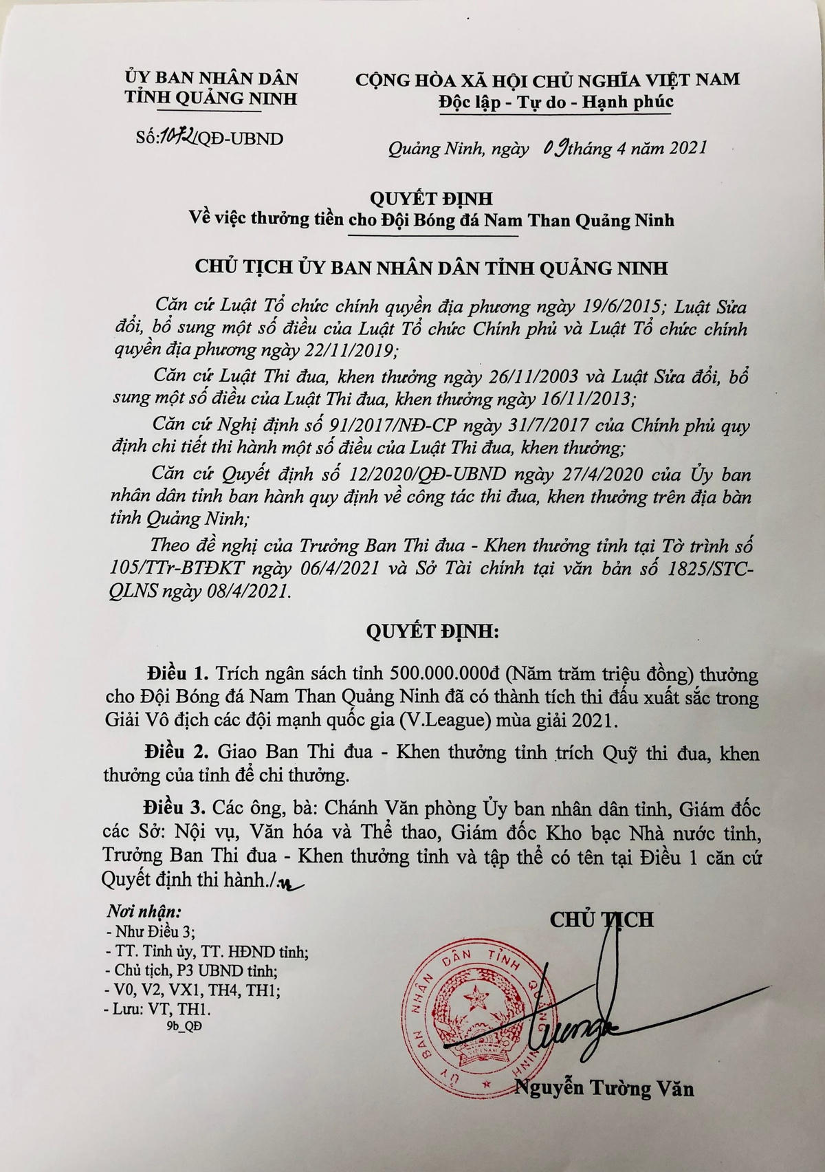 Quyết định trao thưởng CLB Than Quảng Ninh.