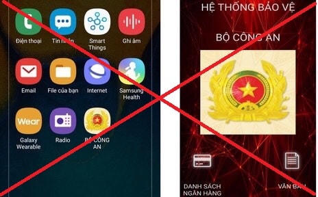 Các đối tượng yêu cầu nạn nhân tải và cài đặt ứng dụng mạo danh phần mềm do Bộ Công an cung cấp có hình ảnh hiển thị là Công an hiệu và mang tên “Bộ Công an”. Ảnh: Bộ Công an.