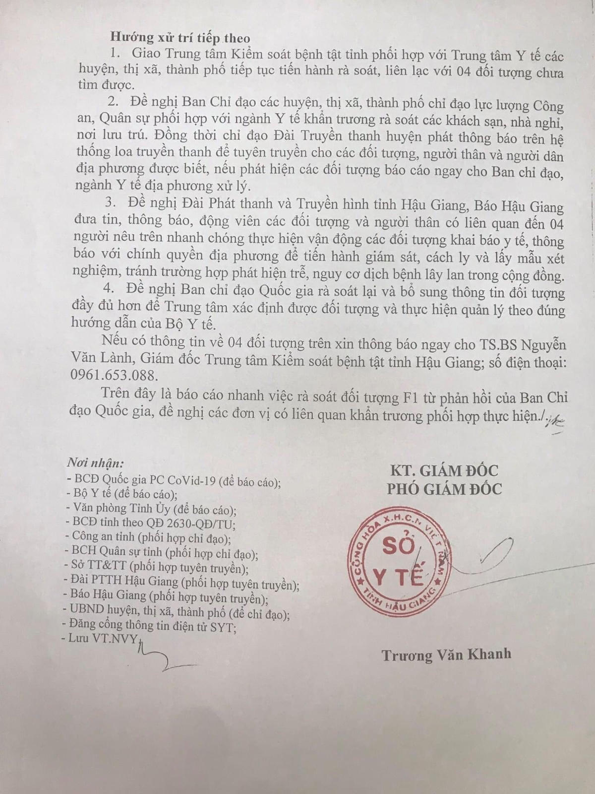 Văn bản yêu cầu các ngành có liên quan khẩn trương tìm các đối tượng để đưa đi cách ly