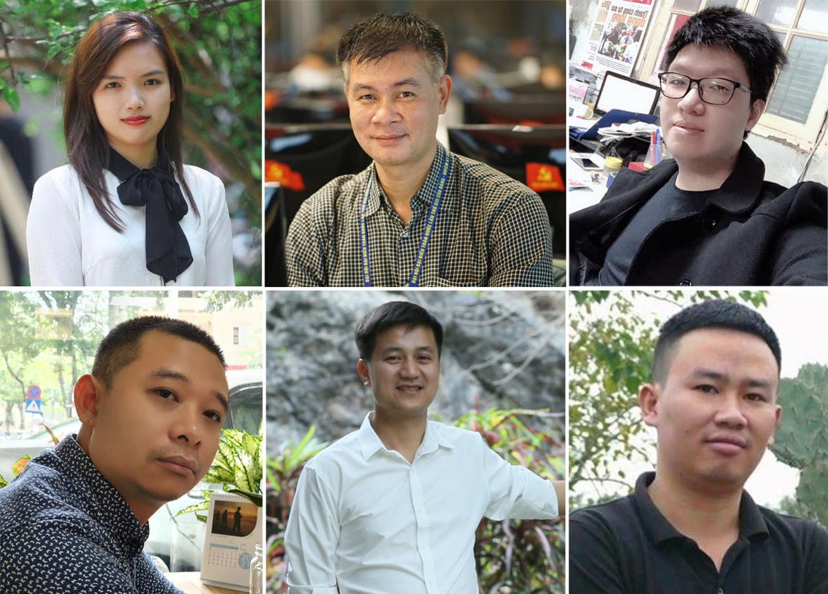 Các PV thuộc "tổ Covid" của báo Đại Đoàn Kết: Lan Anh, Quang Vinh, Đức Trân, Việt Thắng, Đức Sơn, Phạm Sỹ. (Từ trái qua, trên xuống). Ảnh do PV cung cấp.