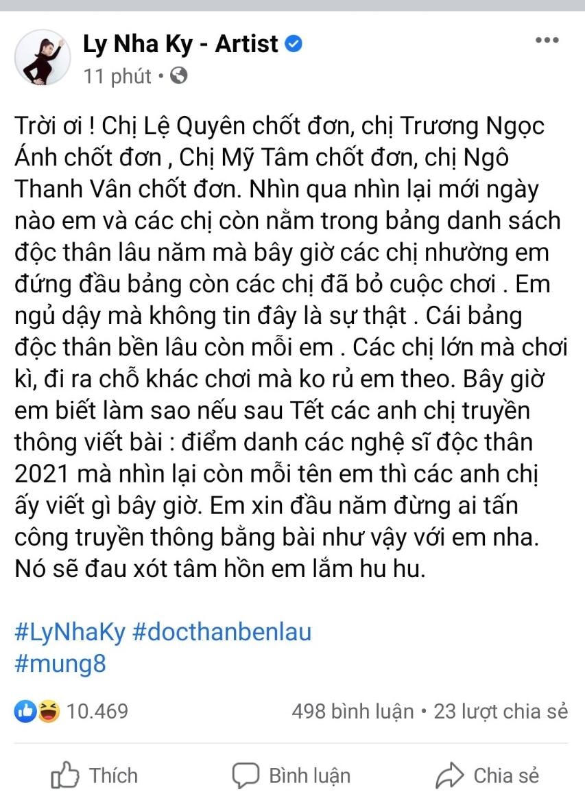 Lý Nhã Kỳ than thở khi các "chị đẹp" đều đã "chốt đơn" yêu trai trẻ. Ảnh: Chụp màn hình.