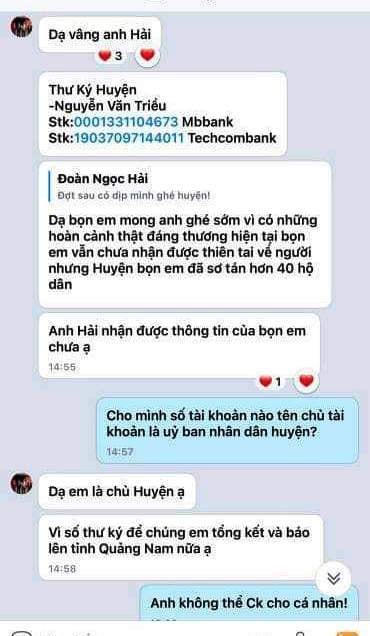 Tin nhắn ông Hải khẳng định không chuyển ủng hộ số tài khoản cá nhân.