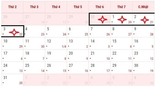 Lịch nghỉ ngày 30/4 và 1/5. Ảnh: Internet.