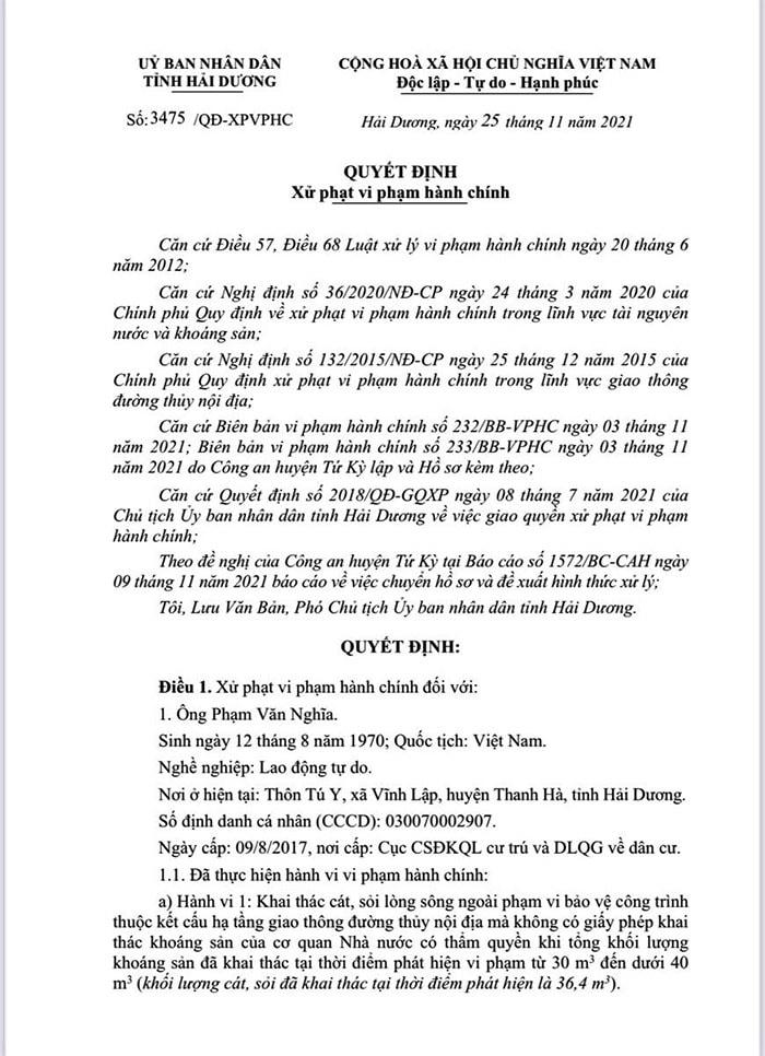 Quyết định xử phạt của UBND tỉnh Hải Dương. 