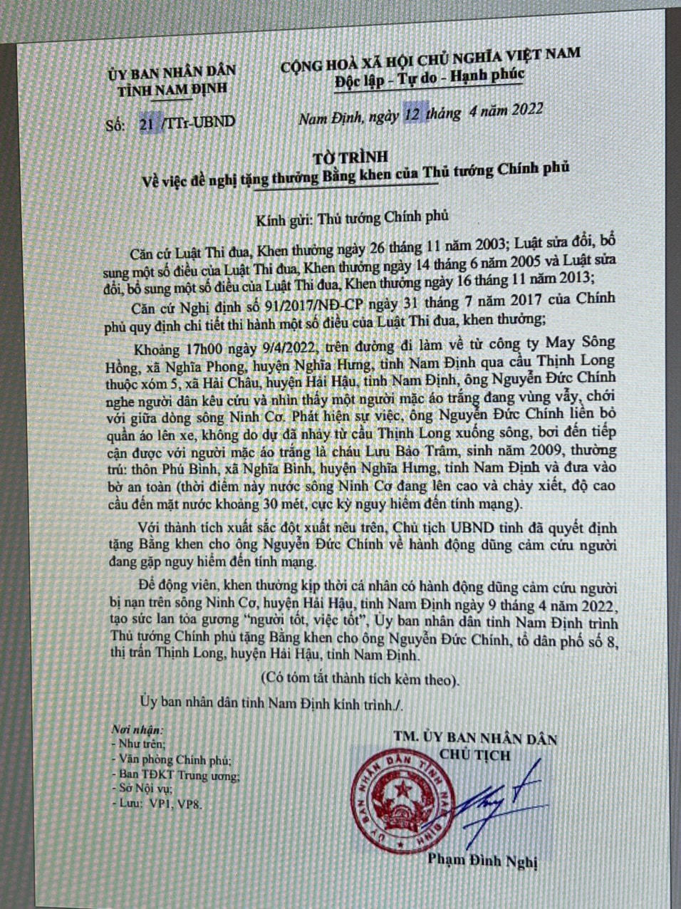 Tờ trình của UBND tỉnh Nam Định gửi Thủ tướng Chính phủ.