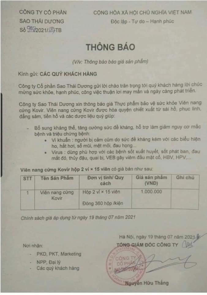 Văn bản thông báo tăng giá sản phẩm Kovir lên gấp 5 lần của Sao Thái Dương được ký trước văn bản của Bộ Y tế đúng 5 ngày.