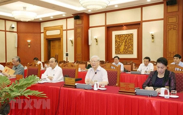 Tổng Bí thư, Chủ tịch nước Nguyễn Phú Trọng chủ trì buổi làm việc của tập thể Bộ Chính trị với Thường vụ Đảng ủy Công an Trung ương. Ảnh: TTXVN.