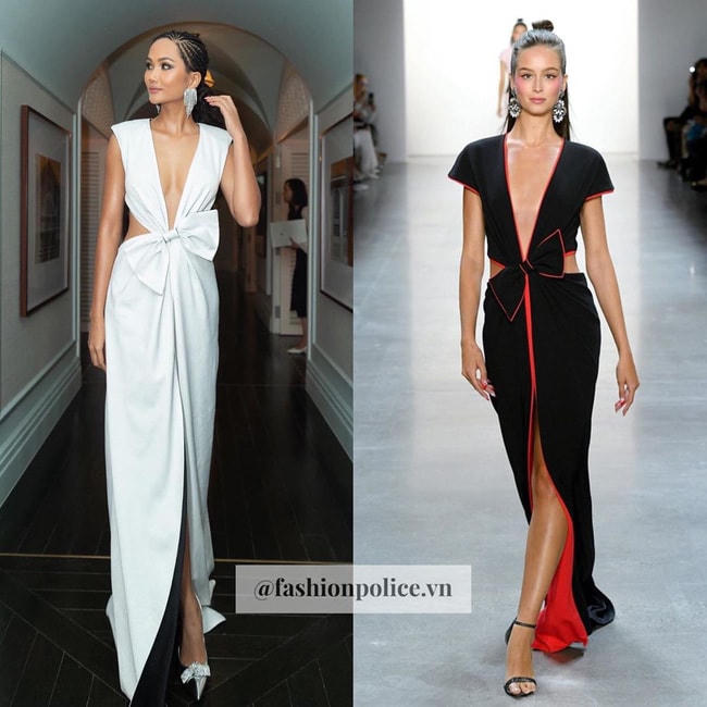 Thiết kế đầm trắng khoét ngực sâu hun hút, xẻ cao chót vót của Dcollab do Hoa hậu H'Hen Niê mặc phảng phất hình ảnh của Tadashi Shoji, Spring 2020. Khác biệt duy nhất là hai tông màu đen - trắng đối lập nhau.