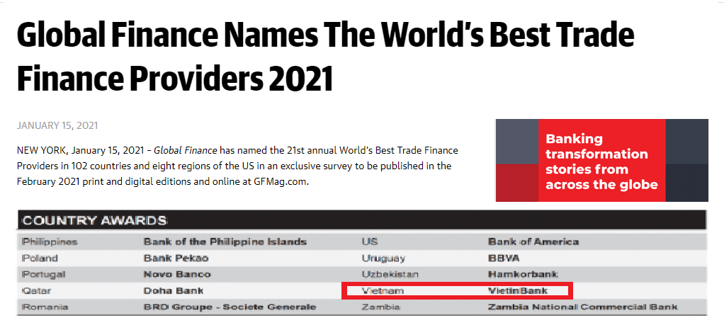 Global Finance công bố danh sách các Ngân hàng đạt giải năm 2021 trên Website chính thức.