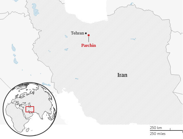 Khu vực xảy ra vụ nổ gần căn cứ quân sự Parchin, ngoại ô Tehran, Iran, đêm 25/6. Đồ họa: Guardian.
