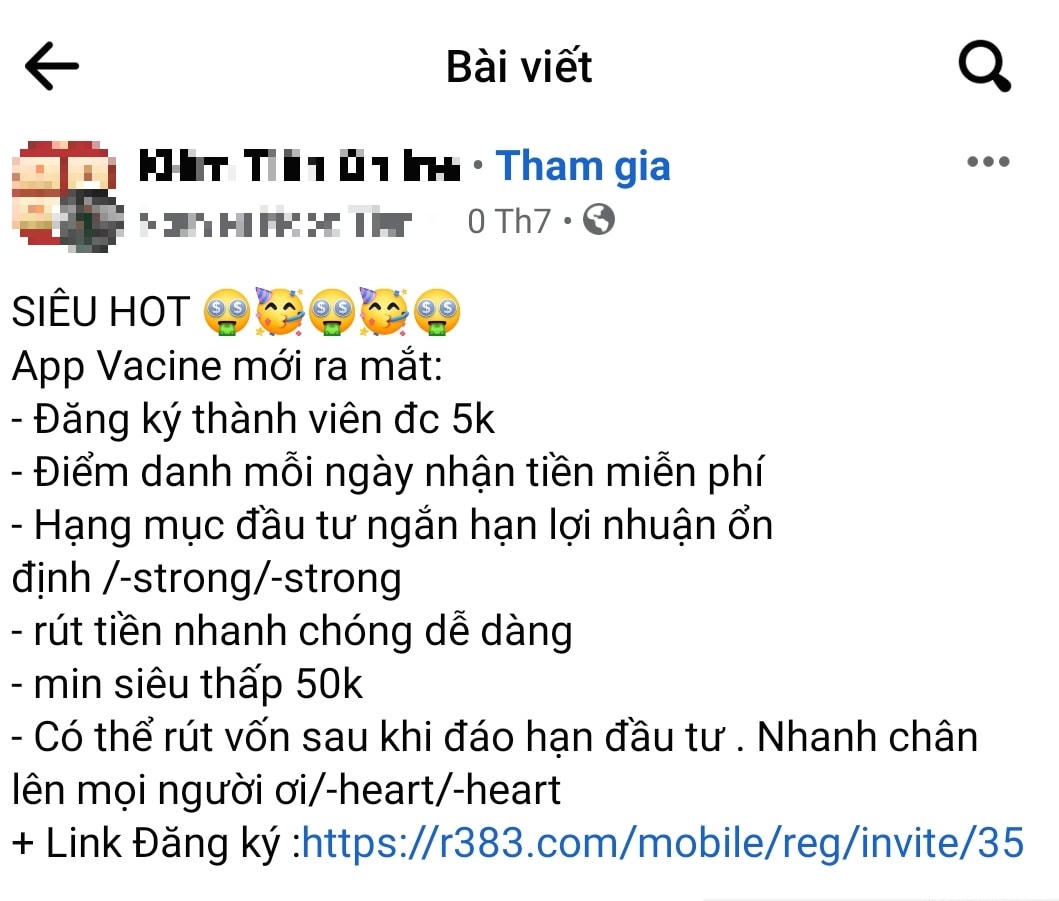 Các bài đăng về app đầu tư vaccine nhan nhản trên mạng xã hội.