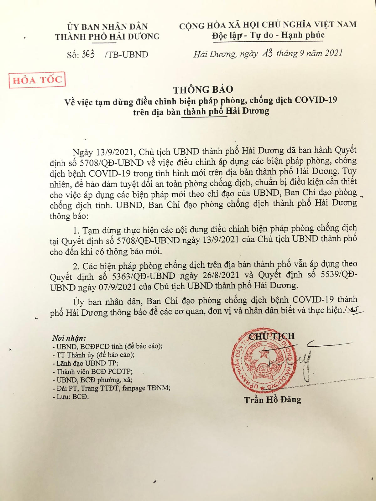 Thông báo hỏa tốc của TP Hải Dương.